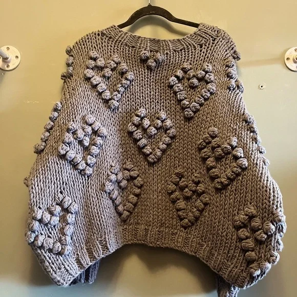 Wishlist Heart sweater S/M dark gray Valentines Day knit Pom Pom Sweater - Picture 13 of 16